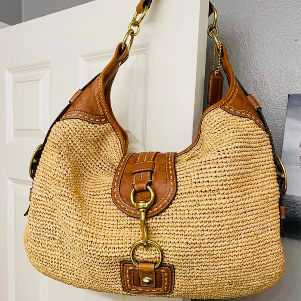 Coach, Brown and Tan raffia and leather Woven Handbag